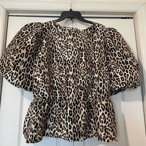 H&M Leopard Black/Brown  Puff Sleeves  Peplum Top Size XL